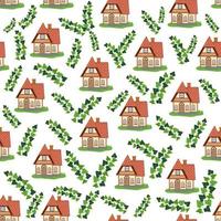 naadloos patroon met huizen en klimop takken, planten, Engels oud huis, Scandinavisch tradities vector