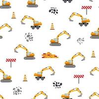 schattig kinderachtig naadloos patroon met geel auto dump vrachtwagen, kraan, beton mixer. bouw plaats illustratie in tekenfilm stijl vector