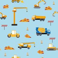 schattig kinderachtig naadloos patroon met geel auto dump vrachtwagen, kraan, beton mixer. bouw plaats illustratie in tekenfilm stijl vector