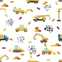 schattig kinderachtig naadloos patroon met geel auto dump vrachtwagen, kraan, beton mixer. bouw plaats illustratie in tekenfilm stijl vector