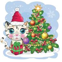 schattig tekenfilm kat in santa's hoed in de buurt de versierd Kerstmis boom. winter 2023, Kerstmis en Chinese nieuw vector