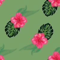 tropisch hibiscus bloemen en palm bladeren boeketten naadloos patroon vector