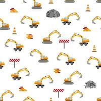 schattig kinderachtig naadloos patroon met geel auto dump vrachtwagen, kraan, beton mixer. bouw plaats illustratie in tekenfilm stijl vector