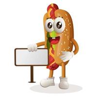 schattig hotdog mascotte staand De volgende naar een aanplakbord vector