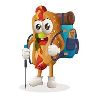 schattig hotdog mascotte avontuur trekking vector