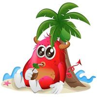 vector schattig rood monster drinken kokosnoot water onder palm boom in de zomer