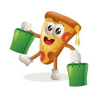 schattig pizza mascotte gelukkig boodschappen doen vector