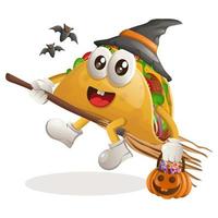 schattig taco mascotte heks met Holding halloween pompoen vector