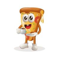 schattig pizza mascotte drinken thee, thee tijd vector