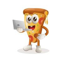 schattig pizza mascotte werken gebruik makend van een laptop vector