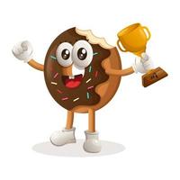 schattig donut mascotte winnend prijs en vieren succes vector