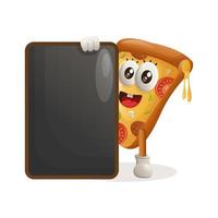 schattig pizza mascotte Holding menu zwart bord, menu bord, teken bord vector