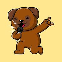 schattig mopshond hond het zingen met microfoon tekenfilm vector icoon illustratie. vlak tekenfilm concept