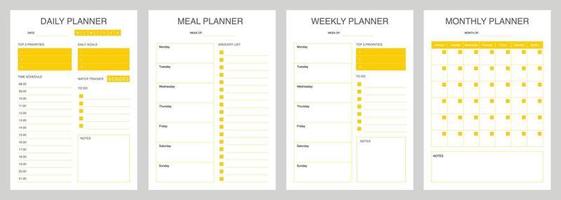 reeks minimalis ontwerper met geel kleur, dagelijks, maaltijd planner, wekelijks, maandelijks ontwerper vector