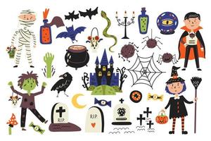 schattig groot halloween reeks van tekens en items vector