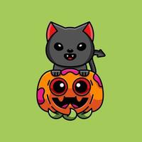 schattig duivel kat en pomp viert halloween vector