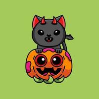 schattig duivel kat en pomp viert halloween vector