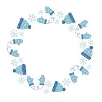 blauw winter hoed, wanten en sneeuwvlokken kader. sjabloon voor winter Kerstmis ontwerp vector