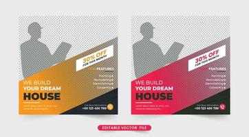 huis bouw en huis repareren bedrijf promotionele sjabloon vector. modern huis vernieuwing en huis bouw onderhoud sociaal media sjabloon ontwerp. behuizing bedrijf sjabloon vector. vector