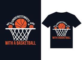 nooit onderschatten een meisje met een basketbal illustraties voor de drukklare t-shirts ontwerp vector