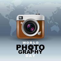 wereld fotografie dag poster met camera en kaart vector
