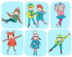 reeks van afbeeldingen met kinderen Aan schaatsen. de concept van winter vermaak vector