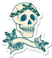 tatoeëren stijl sticker met banier van een schedel met laurier krans kroon vector