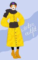 winter kleding. vector helder illustratie van jong vrouw in warm winter kleren, geel jas, harig hoed en koppeling.