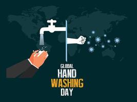 globaal handen wassen dag. 15 oktober. coronavirus icoon. handen wassen met water van kraan en wereld kaart achtergrond. vector illustratie.