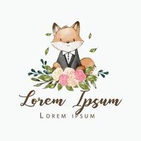 hand- getrokken waterverf vos met bloesem bloem en pak logo ontwerp vector