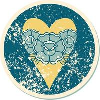 iconisch verontrust sticker tatoeëren stijl beeld van een hart en bloemen vector