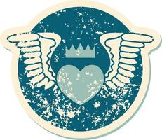 iconisch verontrust sticker tatoeëren stijl beeld van een hart met Vleugels vector