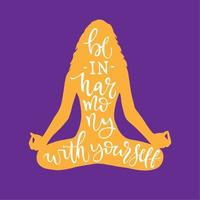 oranje silhouet meisjes in lotus positie met kalligrafie, geïsoleerd Aan Purper achtergrond. vector illustratie met belettering voor Internationale yoga dag. typografie sjabloon voor shirt, banier, poster.