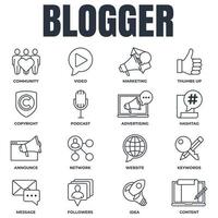 reeks van blogger, bloggen icoon logo vector illustratie. volgers, trefwoorden, idee, auteursrechten, aankondigen, website en meer pak symbool sjabloon voor grafisch en web ontwerp verzameling