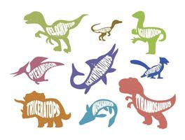 reeks van kleurrijk silhouetten van dinosaurussen met belettering. vector illustratie.