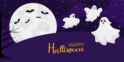 gelukkig halloween. vector illustratie ontwerp sjabloon voor banier of poster. halloween concept met eng geesten en maan.