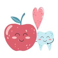 hand- getrokken schattig gelukkig kawaii tand karakter met appel en hart. tekenfilm vector illustratie van tanden, concept van gezond voedsel voor sterk en schoon tanden, tandheelkundig kinderen zorg