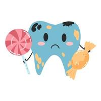 hand- getrokken kawaii tand karakter met snoepjes. vlak tekenfilm vector illustratie van ongezond gebroken tanden met snoepgoed, tandheelkundig zorg concept, mondeling hygiëne