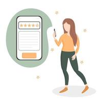 vrouw met smartphone in hand- geeft recensie beoordeling en feedback. vlak tekenfilm vector illustratie. klant keuze. smartphone scherm