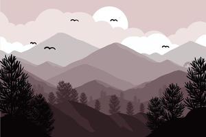 prachtige vectorlandschapsillustratie - vreedzame warme zonsopgang boven bergen, oceaan en bos. reizen, wandelen, buitenshuis en avontuur concept. gebruik als achtergrond of wallpaper. vector