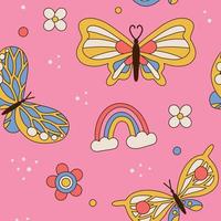 naadloos patroon met retro madeliefjes, vlinders en regenboog. zomer gemakkelijk minimalistische bloemen. jaren 70 groovy stijl elementen. voorjaar madeliefje bloemen. kleurrijk achtergrond. vector hand- getrokken illustratie.