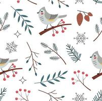 naadloos patroon met elementen van een winter Woud en een vogel tit Aan een wit achtergrond. esthetisch vector illustratie met takken, Spar takken en bessen. schattig teder stijl