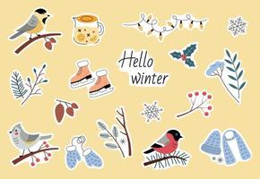 een romantisch reeks van klaar om te printen stickers. winter knus elementen. goudvink, mees, mees vogels. vector illustratie in een trending vlak stijl. perfect voor seizoensgebonden producten