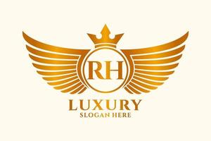 luxe Koninklijk vleugel brief rh kam goud kleur logo vector, zege logo, kam logo, vleugel logo, vector logo sjabloon.