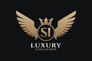 luxe Koninklijk vleugel brief si kam goud kleur logo vector, zege logo, kam logo, vleugel logo, vector logo sjabloon.