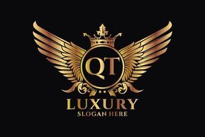 luxe Koninklijk vleugel brief qt kam goud kleur logo vector, zege logo, kam logo, vleugel logo, vector logo sjabloon.