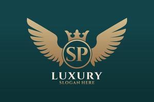 luxe Koninklijk vleugel brief sp kam goud kleur logo vector, zege logo, kam logo, vleugel logo, vector logo sjabloon.