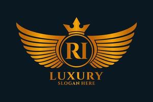 luxe Koninklijk vleugel brief ri kam goud kleur logo vector, zege logo, kam logo, vleugel logo, vector logo sjabloon.