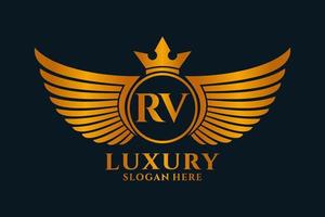 luxe Koninklijk vleugel brief rv kam goud kleur logo vector, zege logo, kam logo, vleugel logo, vector logo sjabloon.