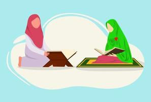 twee moslim meisjes Holding al koran, Ramadan seizoen decoratie in tekenfilm vlak illustratie geïsoleerd in wit achtergrond. vector illustratie